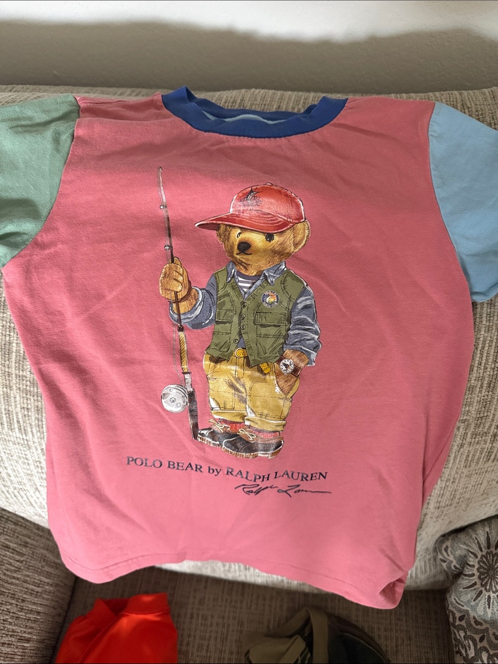 Ralph Lauren Kids Polo Bear Tee - Pink with Green & Light Blue Sleeves